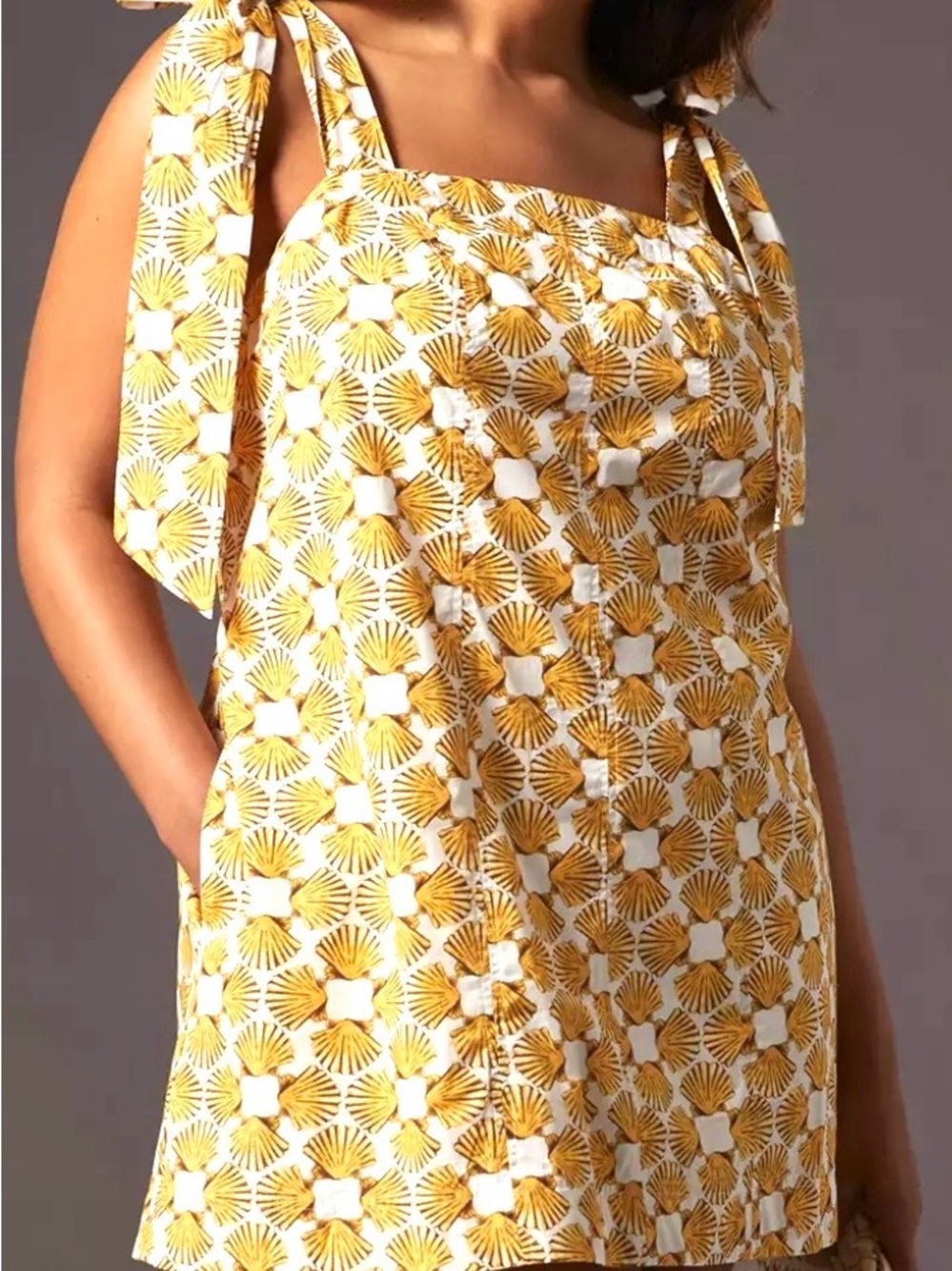 Maeve Yellow & White Seashell Tie Strap Mini Sundress 2X